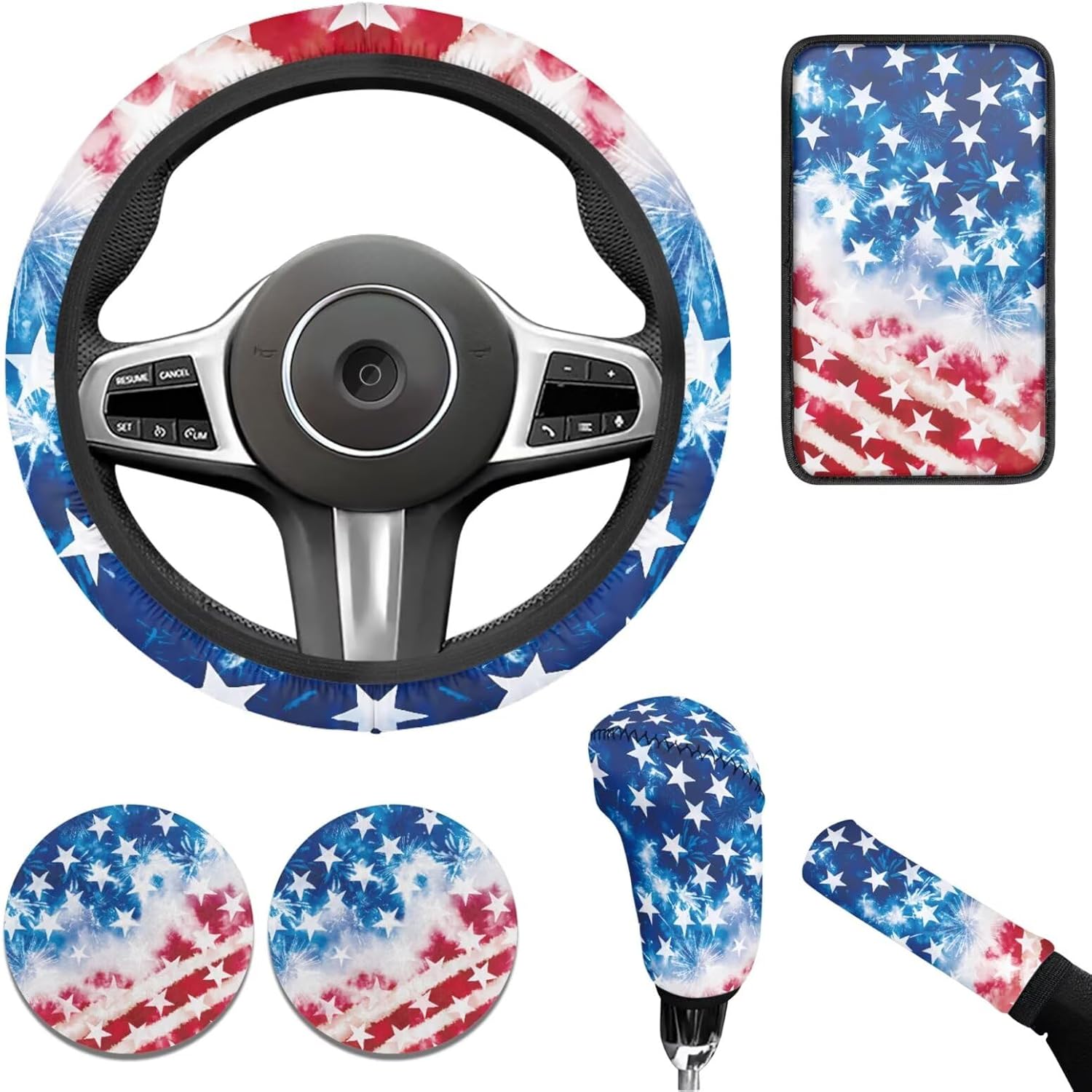 

Blue Peacock Print Car Steering Wheel Cover Set for Men Women Beautiful Car Interior Decor Cup Coaster Handbrake Cover Universal Fit Auto,Suvs,Truck America flag