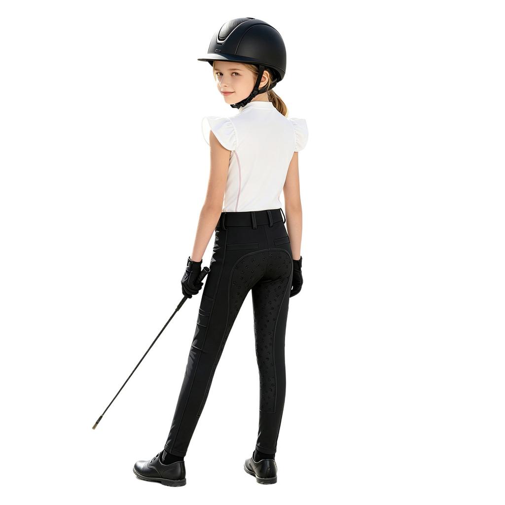 Mädchen Reitsport Reiten Reißverschluss Stehkragen Rüschenärmel Kontrastbesatz Oberteil Anti-Rutsch Vollbesatz Reithose Outfit