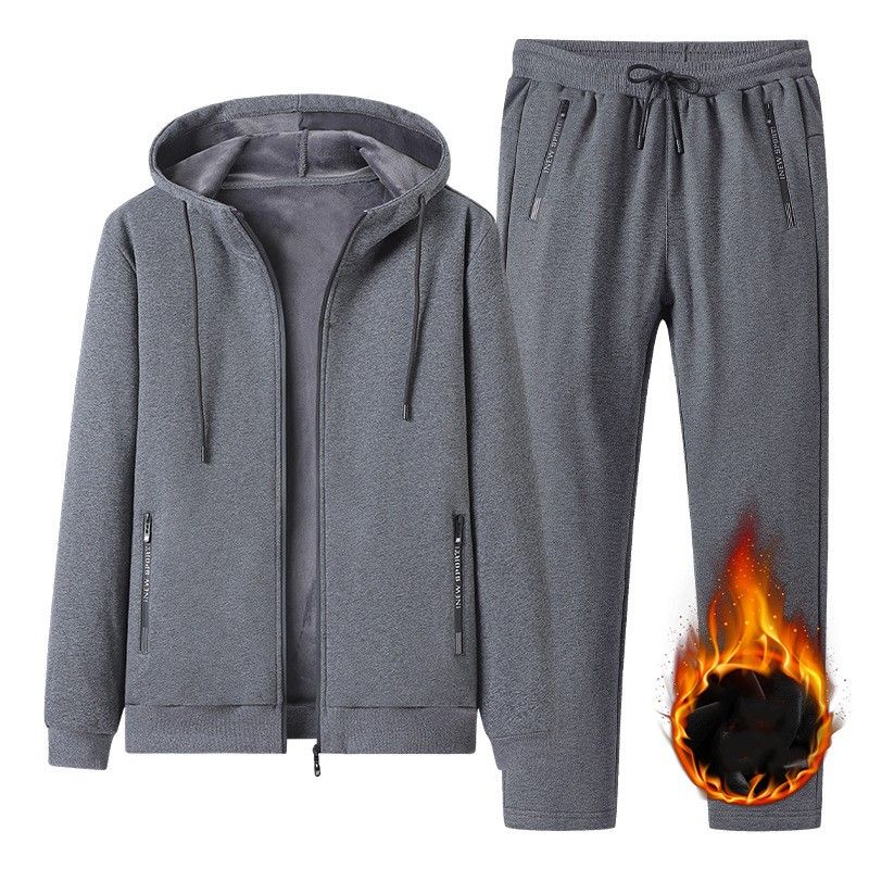 Men's Winter Plush Leisure Sports Set Solid Color Warm Coat+Pants Simple Plus Size Two Piece Set