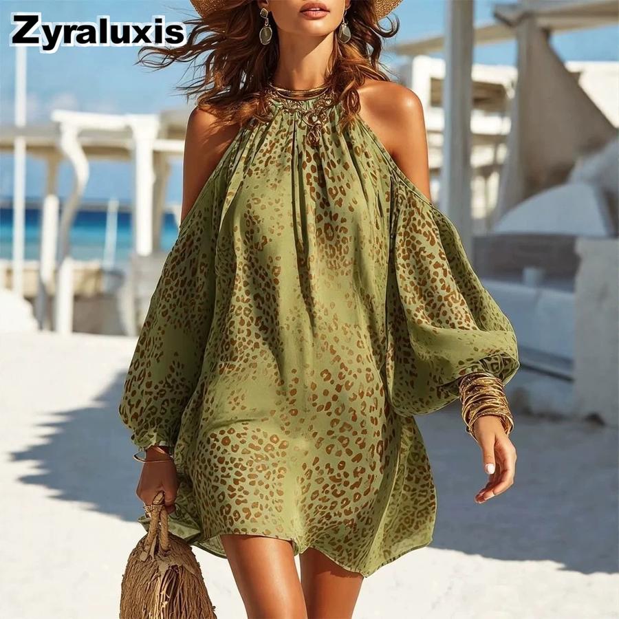 Nuovo Abito Corto da Spiaggia Estivo alla Moda da Donna con Spalle Scoperte e Stampa Leopardo
