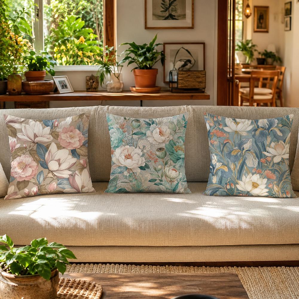 American-stylevintage Large Flowers Cushion Cover Natural Linen Throw Pillow Cover Wrinkle-Resistant Soft Machine Washable