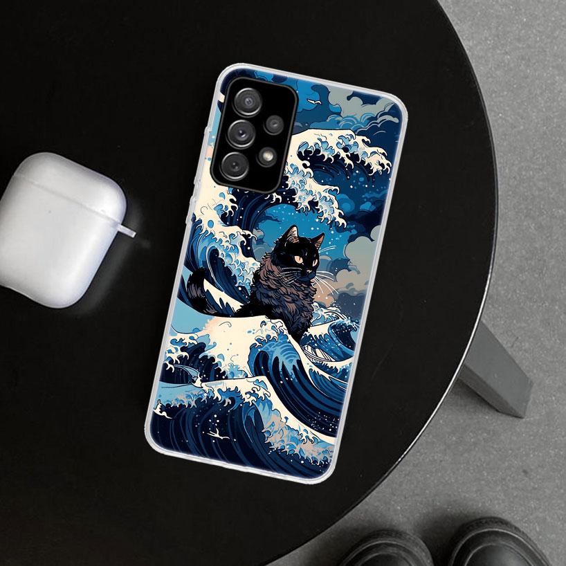 Anime Cat Sea Wave Aesthetic Phone Case for Samsung Galaxy A17 A16 A26 A36 A56 A57 A37 A15 A25 A35 A55 A14 A24 A34 A54 A13 A23 A