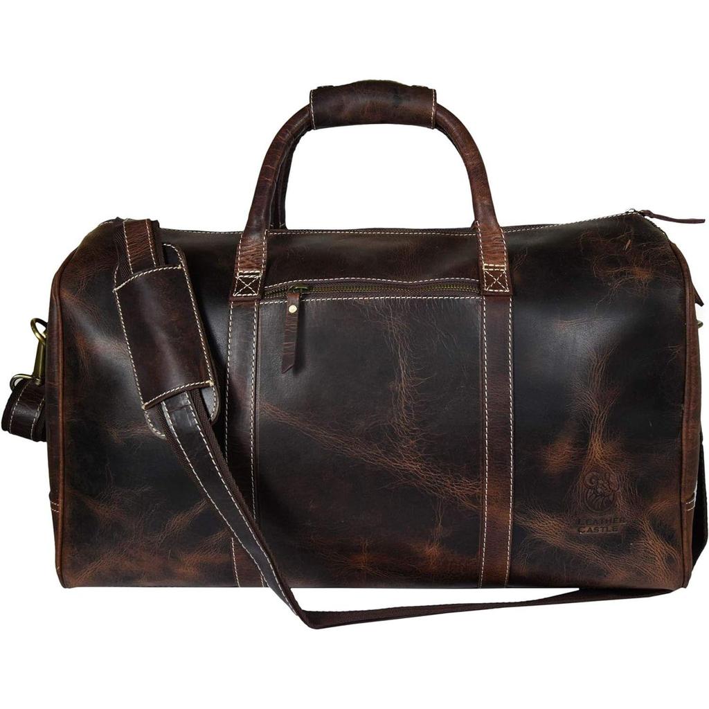Leather Castle Genuine Vintage Buffalo Hide Leather Men’s Duffel Bag Sports Gym, Travel, Carry-on Air-cabin Luggage Handbag, Dark Brown