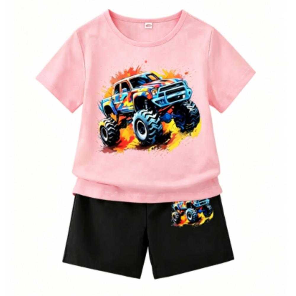 Cartoon Car Print Outdoor Street Kids T-shirt and Shorts Summer Home Casual Outfit Boy and Girl's Sports Set