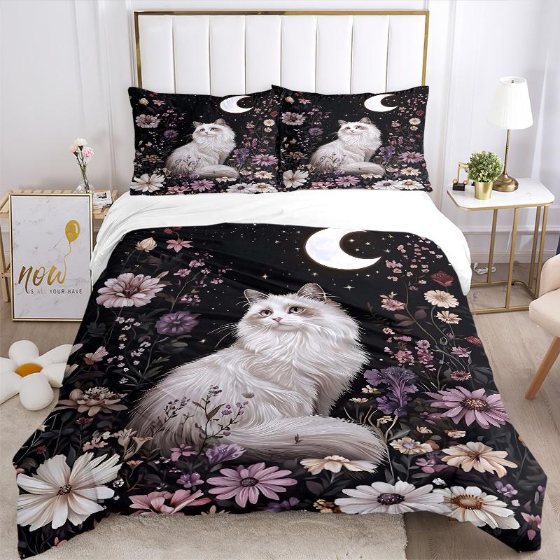 3pcs Starry Sky and White Cat Printed Duvet Cover Set (1 * Cover+2 * Pillowcase, Without Core), Suitable for Home Bedroom, Guest Room, Dormitory