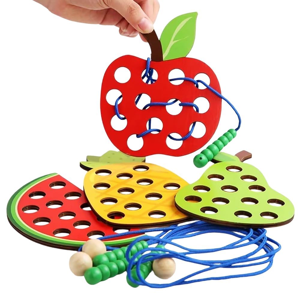 

Montessori-style wooden stringing toy with fruit design, featuring a caterpillar and apple maze. This toy helps develop fine motor skills and is