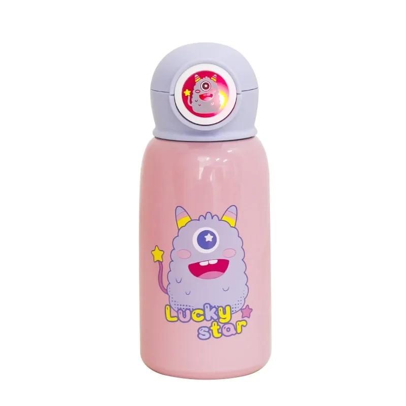 Cartoon Children's Straw Water Cup Strap Bouncing Cup Children's Vacuum Double-lid Double-layer Stainless Steel Vacuum Flask