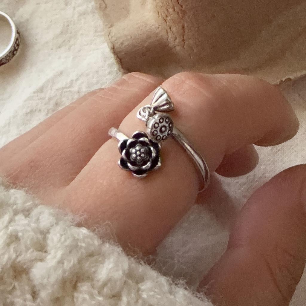 Xiaomi 925 Sterling Silver Rings For Women Geometric Fine Jewelry Finger Adjustable Vintage Flower Stone Ring For Party Birthday Gift
