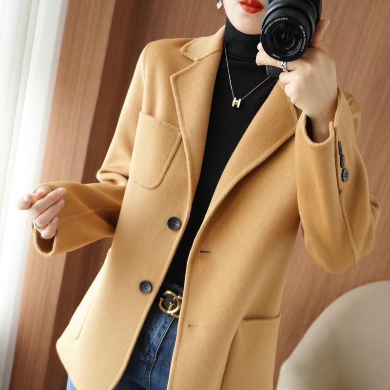 Women's Slim Fit Double-Faced Wool Coat - Short Style with Small Lapel for Autumn & Winter
