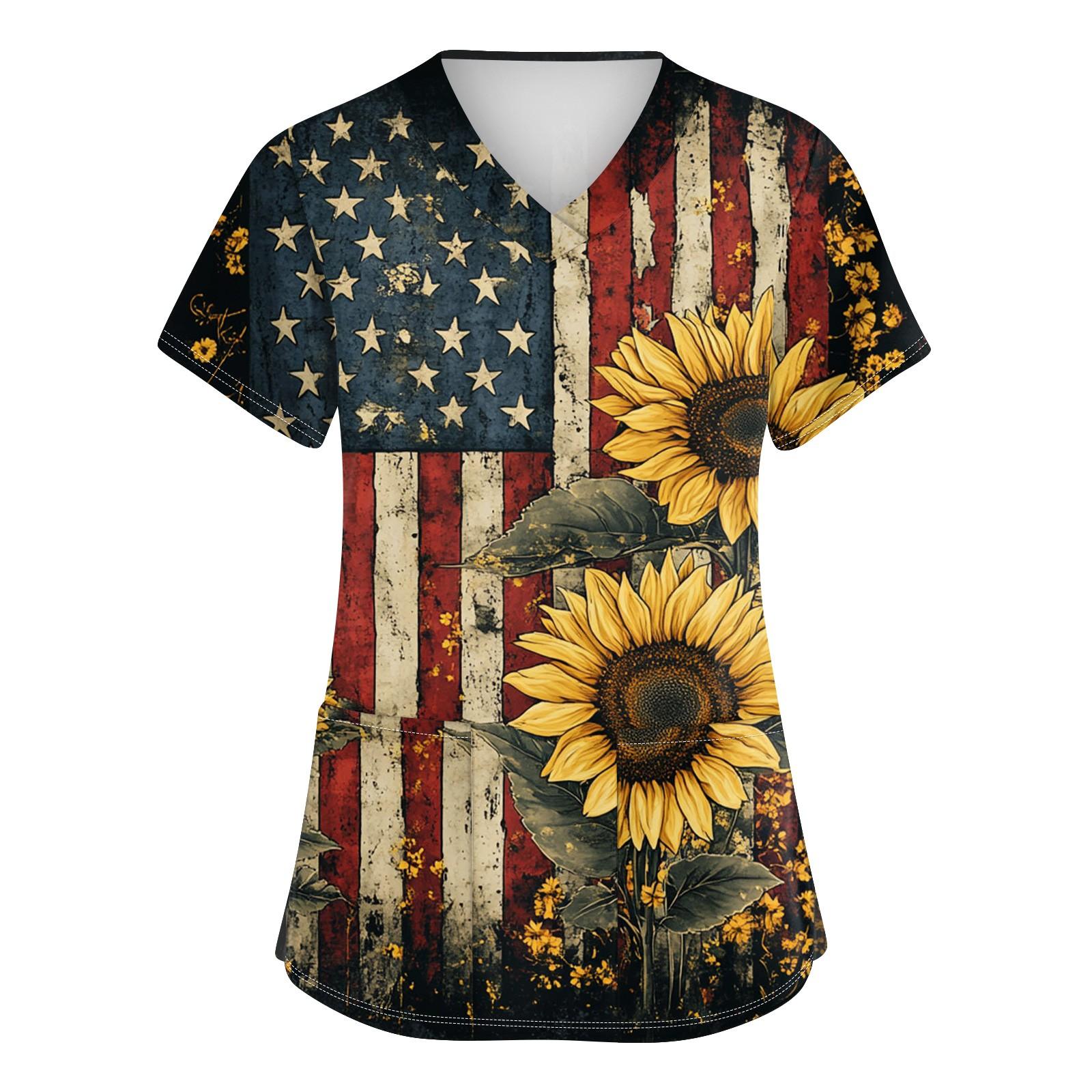 

Женская мода V-образный вырез короткий рукав рабочая одежда с карманами День независимости принтованные топы XXL тёмно-синий