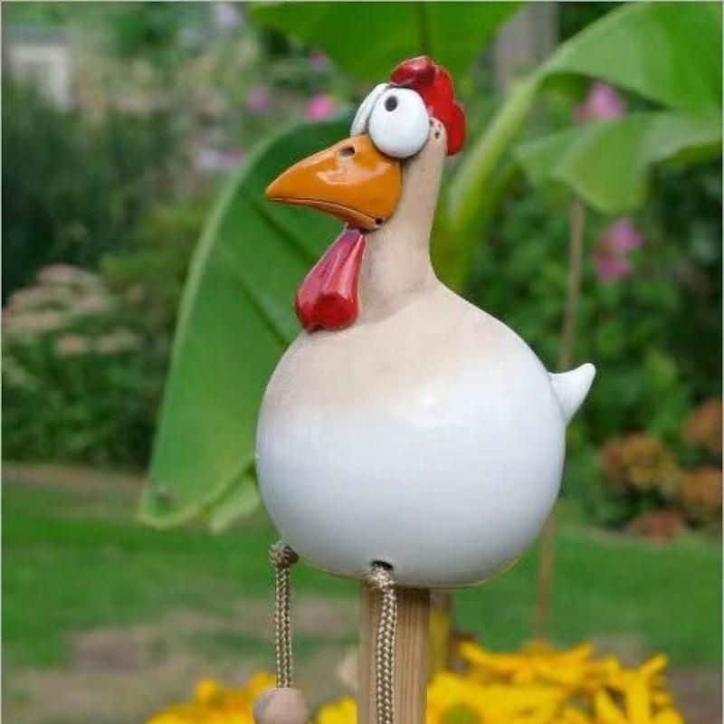 

Garden Fence Art Decoration, Big Eyed Chicken Statue, Long Legged Hen Wooden Stake Sculpture, Resin Craft Ornament