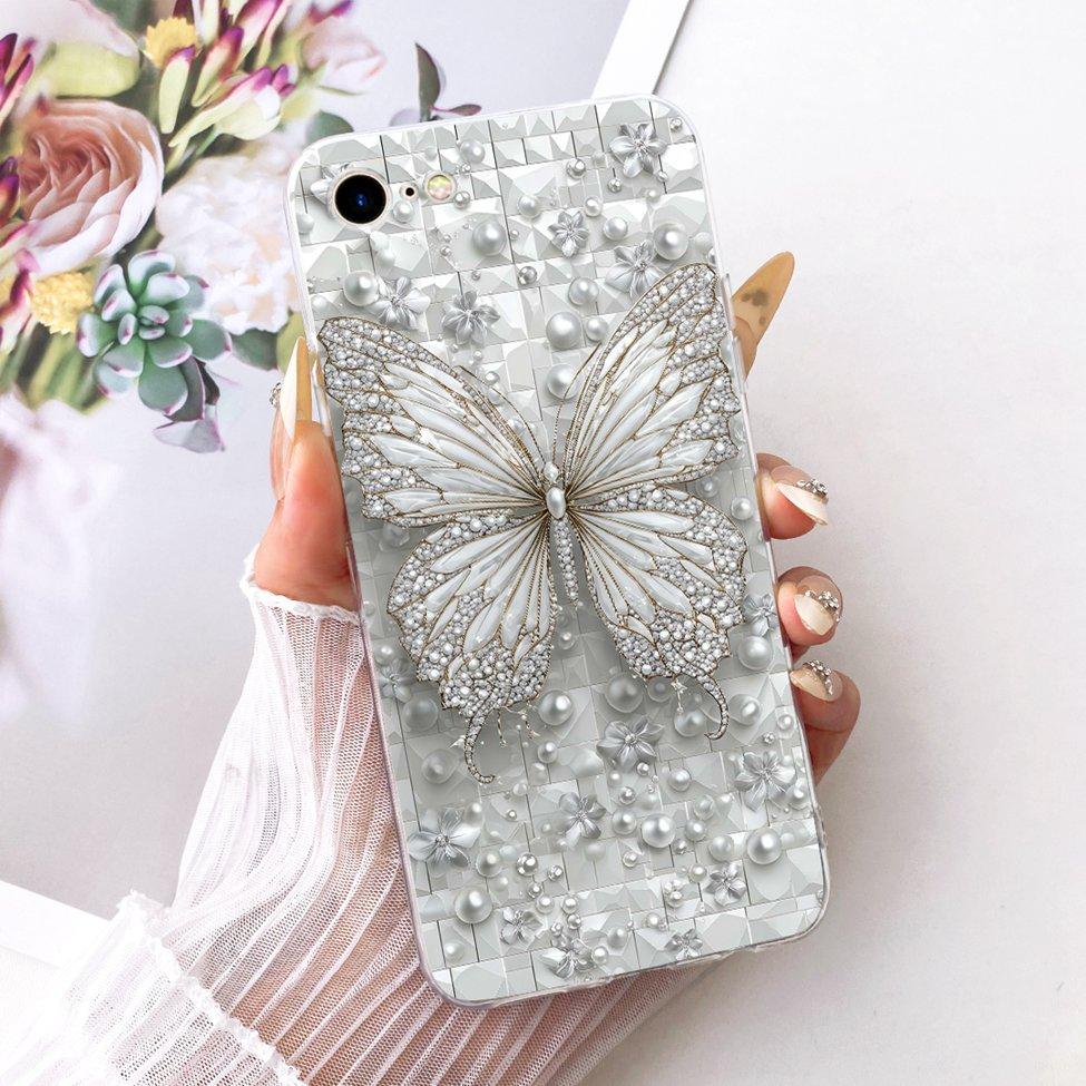 Clear Casing For iPhone 7 A1778 Cover For iPhone 8 A1905 Case Cute Cat Fashion Butterfly Luxury Kawaii 2D Painted