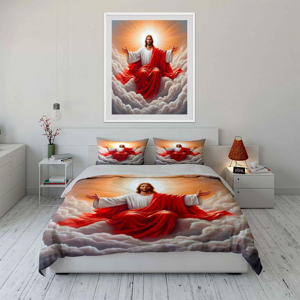 Jesus Sat Radiantly In The Clouds Duvet Cover Set With 3D Printing Design Soft Polyester Bedding Set All-Season Comfort