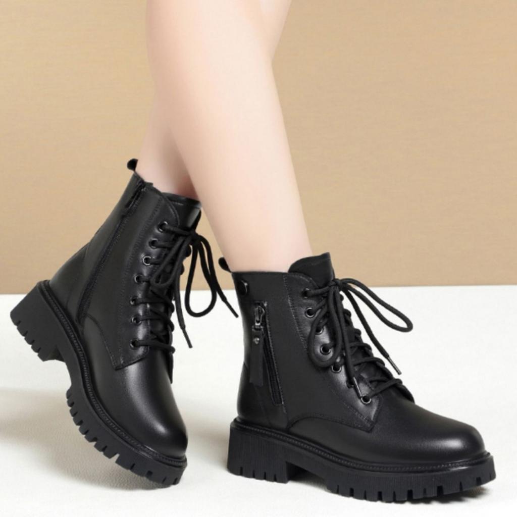 Fashion Boots Women's Shoes 2025 New British Style Soft Leather Soft-soled Fashion Boots Autumn and Winter Thickened Velvet Warm Women's Shoes