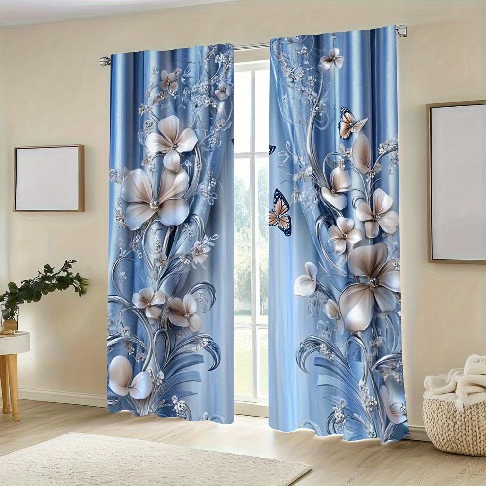 2 Pcs Elegant Vintage Blue Floral & Butterfly Print Curtains – Rod Pocket Design for Bedroom Living Room Office Kitchen