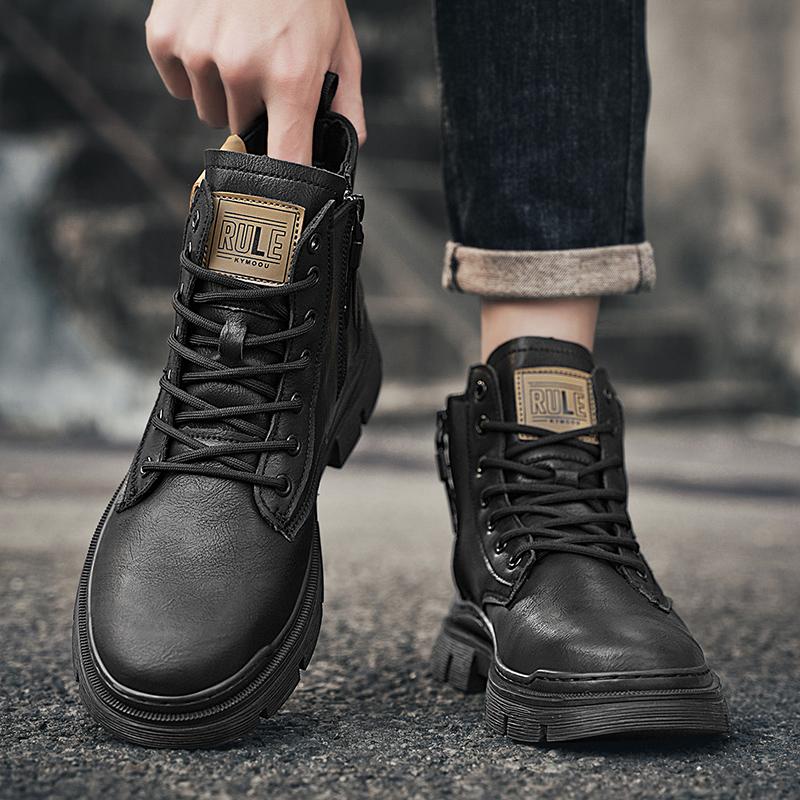 Fashion 2025 Winter Leather Mens Boots Fashion Thick Bottom Lace-up Casual Men's Work Shoes New Design Warm Black Ankle Boots Male