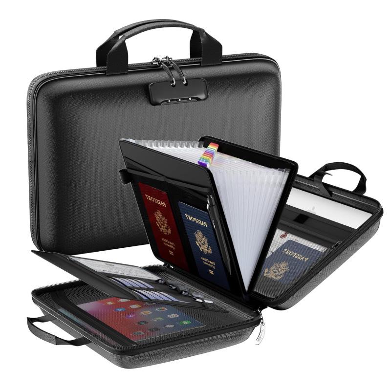Fireproof Hard Shell Document Organizer: 13-Pocket A4 Accordion Folder Storage Bag 38x28x9 cm