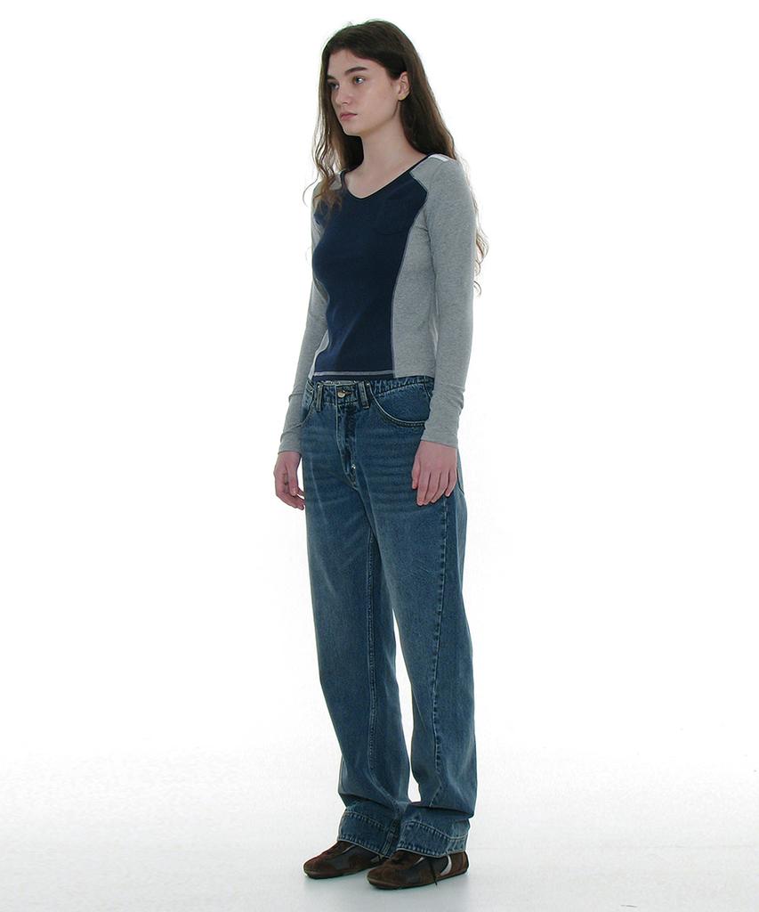 PARTIMENTO WOMEN Cut-Out V-Neck Colorblock Long Sleeve Tee_Navy