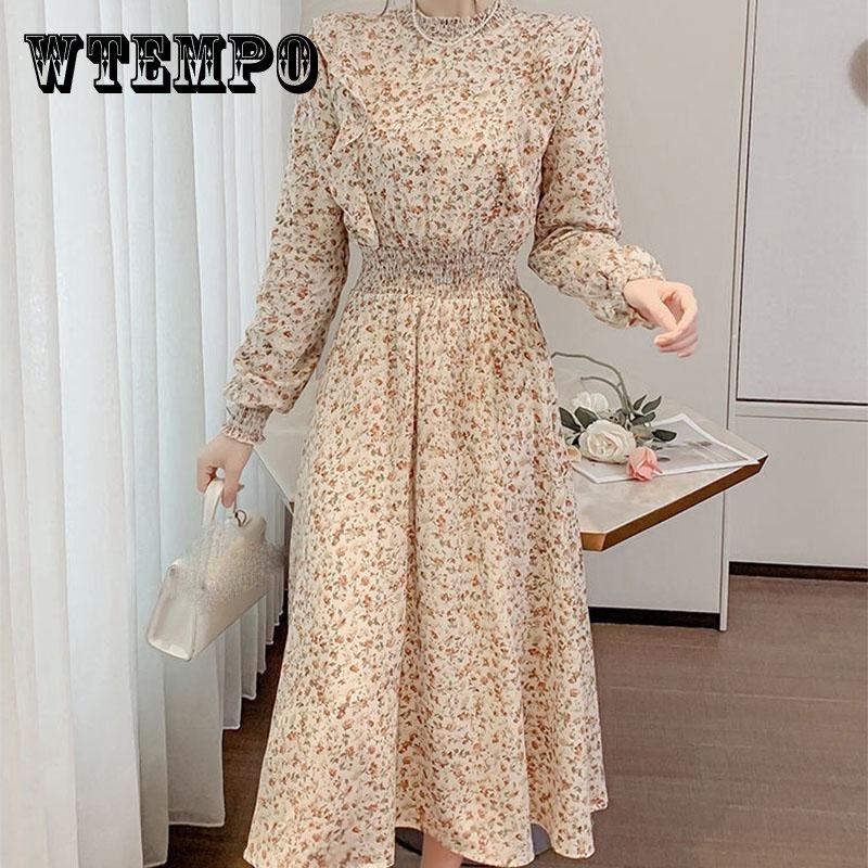 

Женское платье с цветочным принтом, тонкая шифоновая длинная юбка с высоким воротом и длинным рукавом, весна-осень, женское винтажное платье с цветочным принтом
