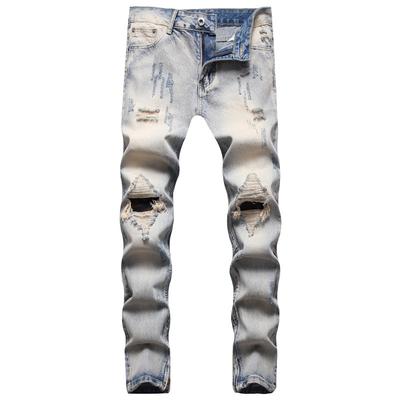 European And American Nostalgic Blue Knee Ripped Jeans Men'S Street Fashion Personality Beggar Pants Retro Trendy Pants