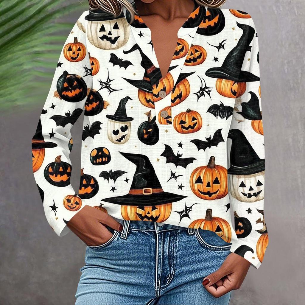 Women's Fashionable And Casual Shirt Long Sleeve V-neck Button Printed Blouse Top