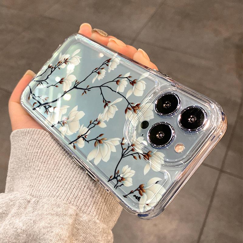 Magnolia branch pattern mobile phone case suitable for iPhone 17 16 15 14 13 12 11 Pro/ Max /Plus anti-fall and shockproof