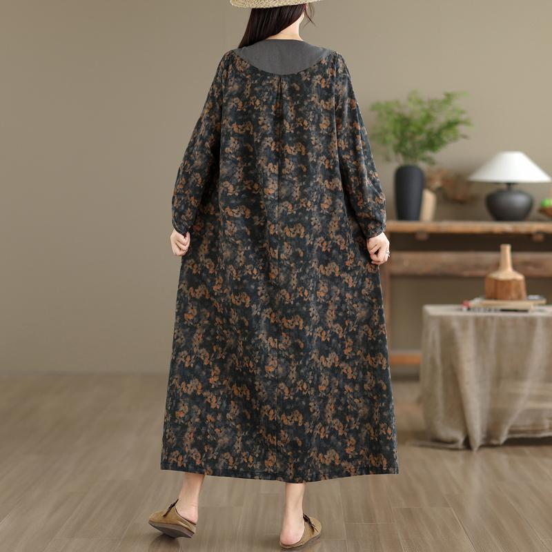 DIMANAF Women Plus Size Autumn Long Sleeve Vintage Dress Floral Loose Casual Oversize Maxi Cotton Linen Dress 2025