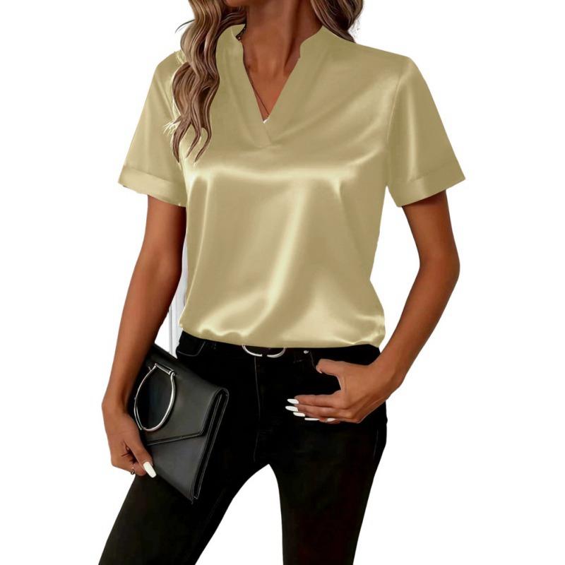 Women's V Neck Satin Top Short Sleeve Shirt