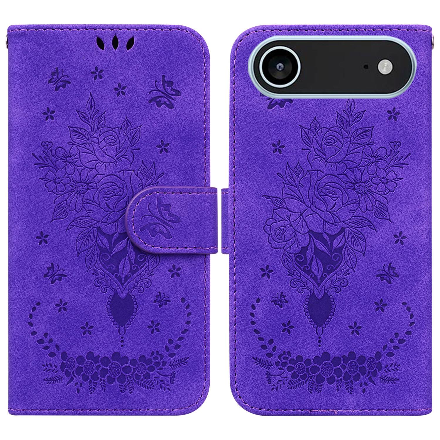 

For iPhone 17 Air Case Butterfly Flower Imprint PU Leather Wallet Phone Cover with Strap Purple