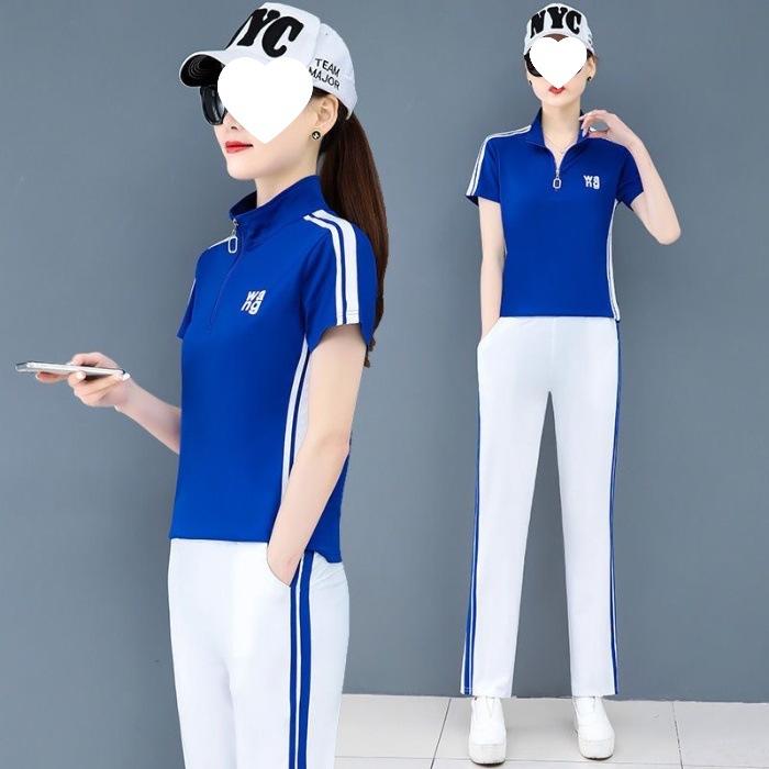 Tuta Sportiva Casual da Donna, Collo Alto, Manica Corta Moda Estiva, Pantaloni a Gamba Dritta Ringiovanenti, Set Bicolore Estetico