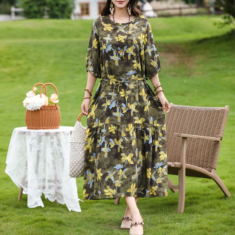 Women's Floral Print Maxi Dress, Tie Waist 3/4 Sleeve Casual Summer Dress (XL-5XL)