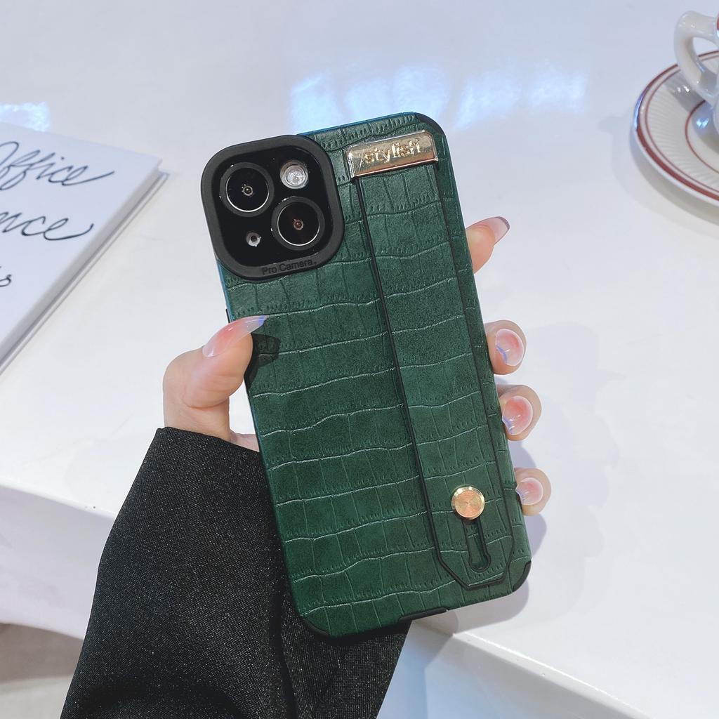 For iPhone 14 Plus Case Crocodile Texture Leather+TPU Phone Cover with Wristband Kickstand