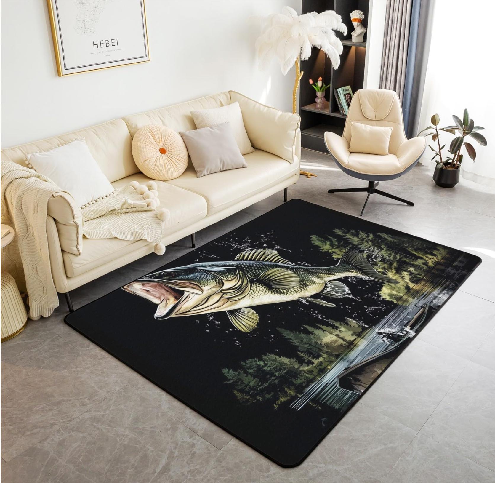 

Dynamic Largemouth Bass Leaping Through Turbulent Ocean Waves Area Rug for Fishing Enthusiasts Living Room Decor 40X60cm