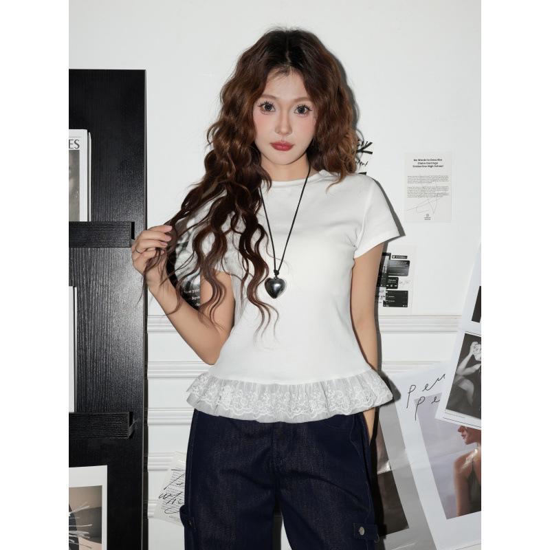 

Sweet Lace Trim Women s Summer T-Shirt: Chic & Slimming Style Large серый