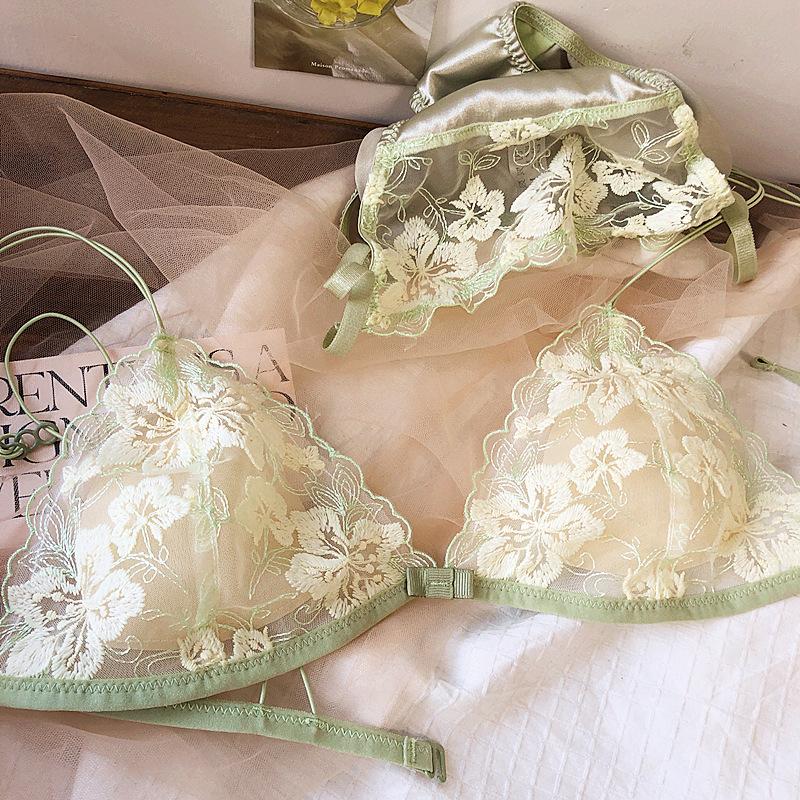 Frauen Sexy Dreieck Tasse Dessous Französisch Ultra Dünne Spitze Blumen Stickerei BH Set Junges Mädchen Gepolsterte Büstenhalter und Höschen Sets