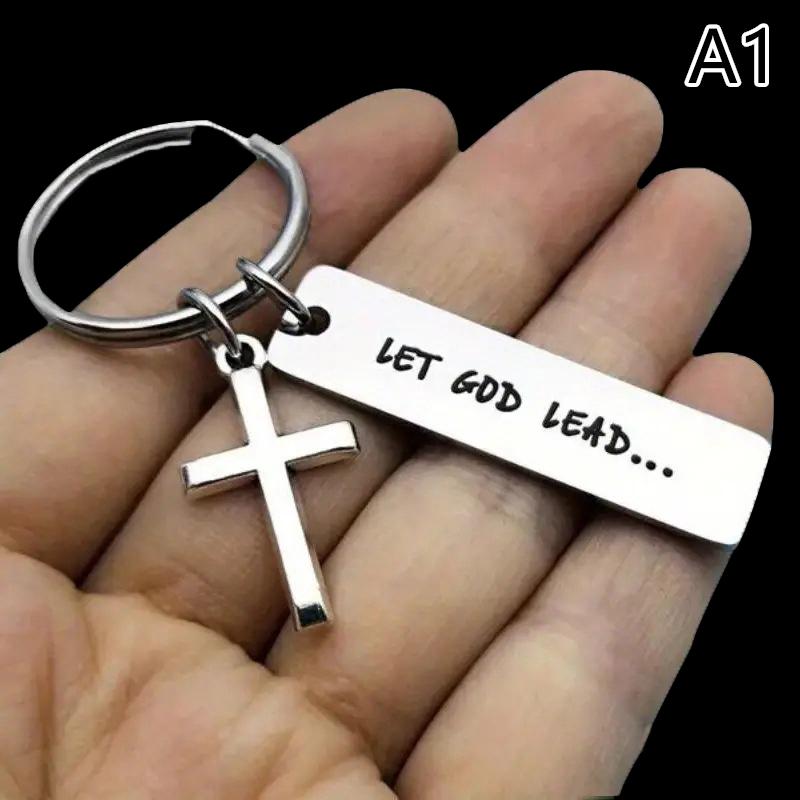Let God Lead···Faith Cross Stainless Steel Keychain, Christian Religious Key Chain Ring Purse Bag Backpack Charm Daily Gift