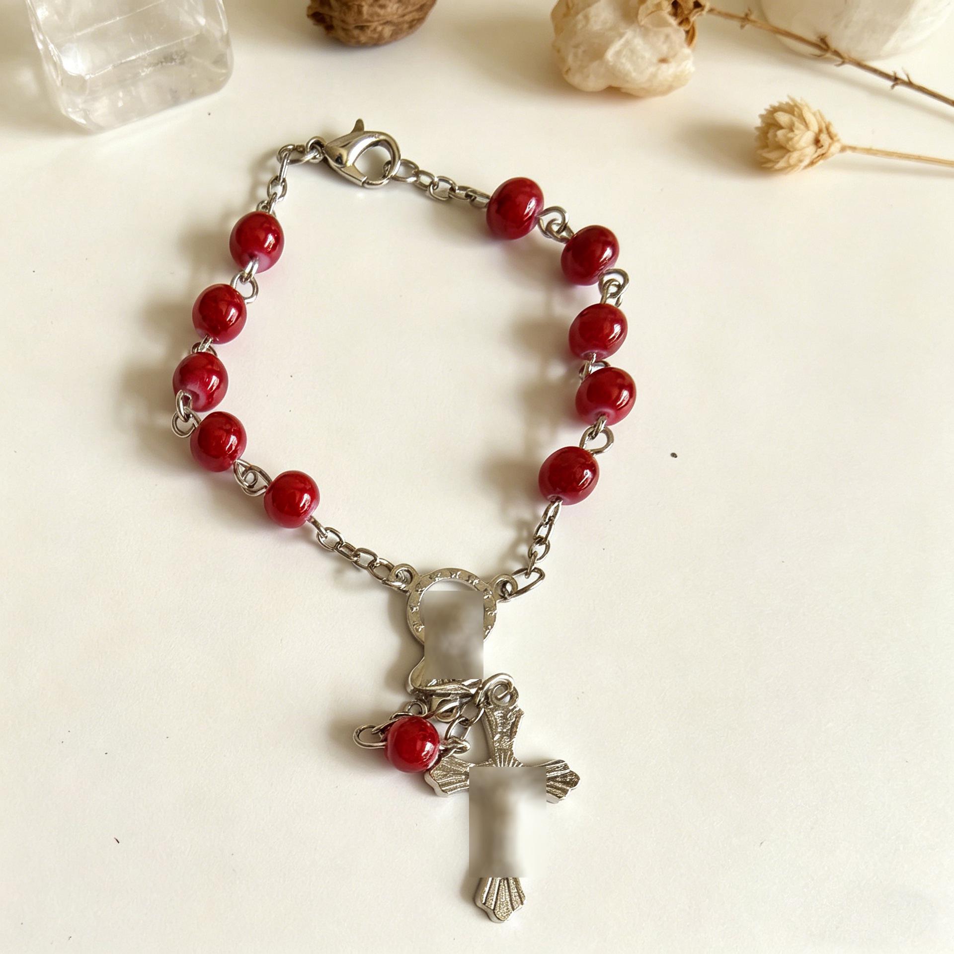 6mm Glass Bead Cross Pendant Unisex Bracelet