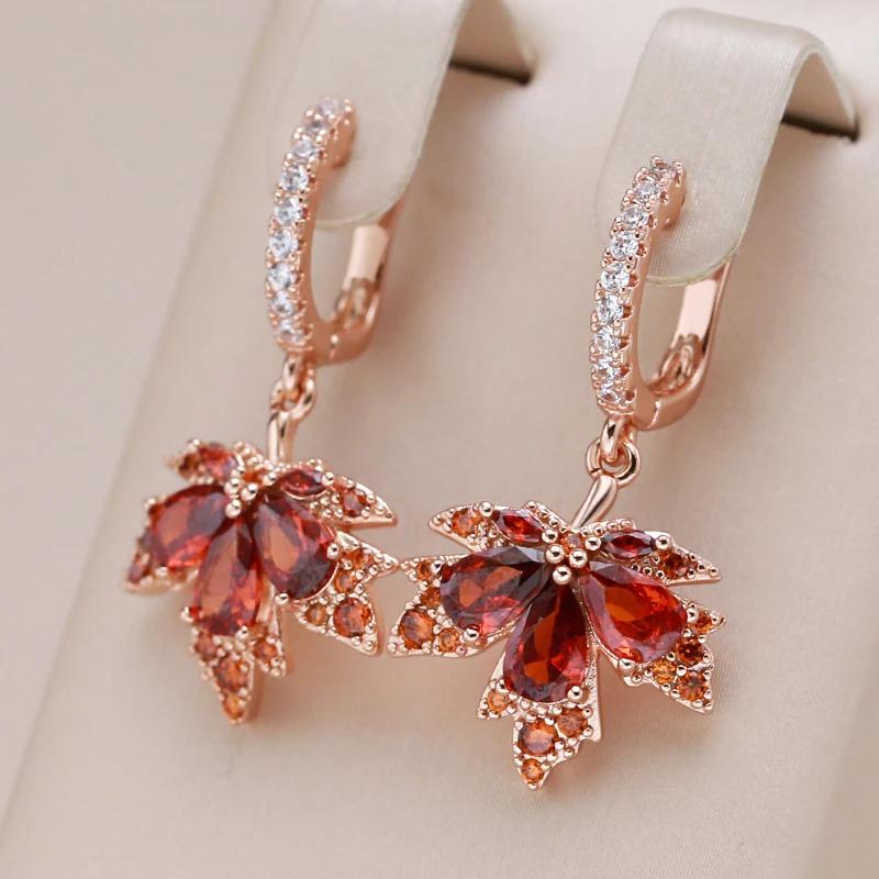 Pendientes con colgante de Hoja de arce de circonio rojo para mujer, joyería elegante para fiesta y boda