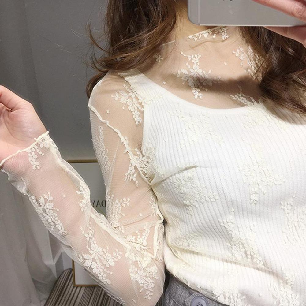 Mesh Lace Bottomed Blouse Hollow Lace Floral Shirts Elegant Transparent T-shirt Spring Autumn