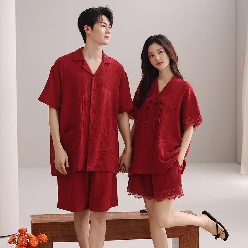Red Cotton Couple Pajamas Wedding Set 1011 New Short-sleeved Woven Gauze Cotton Loungewear