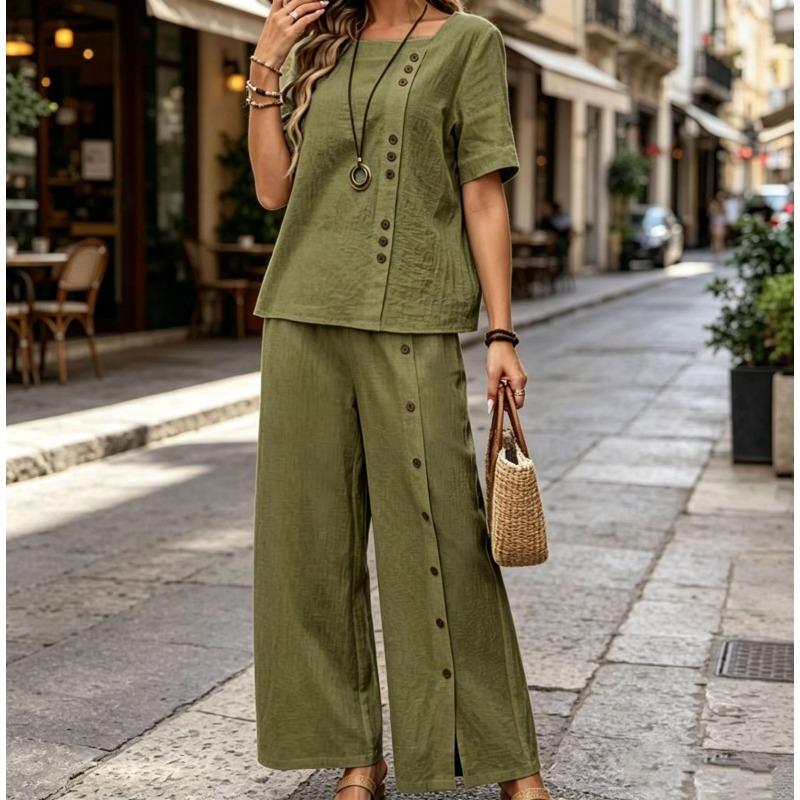 Fashion Casual Loose Two-piece Short-sleeved Top and Loose Wide-leg Pants for Women