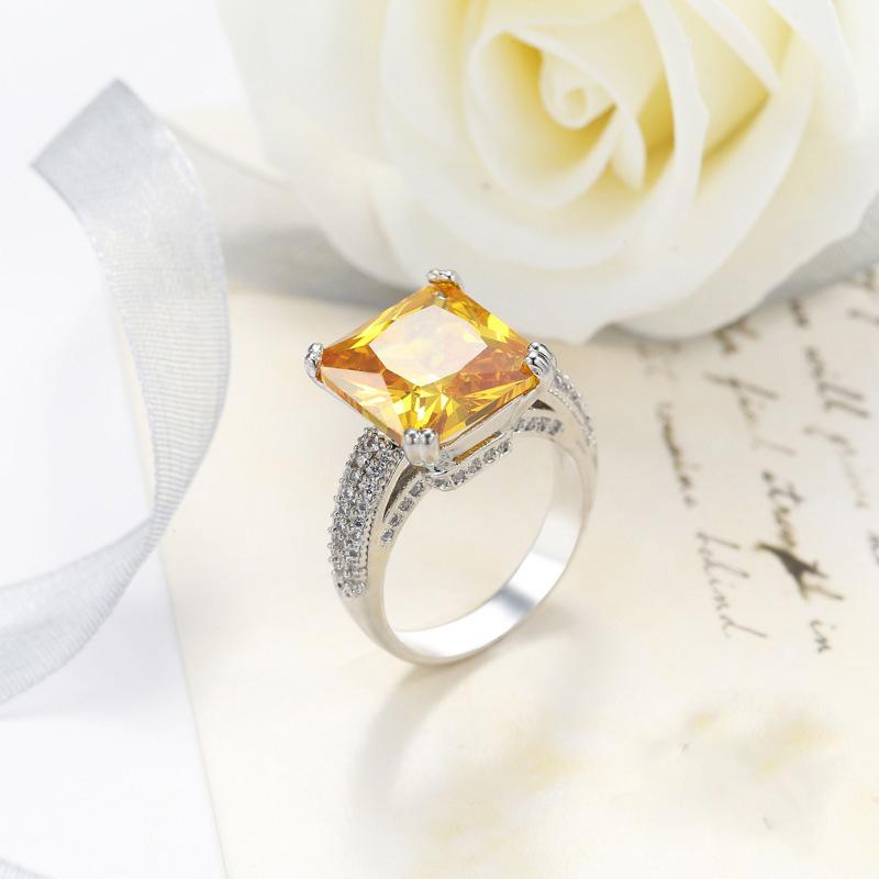 Luxus Princess Cut AAAAA Gelber Großer Zirkonia Massivsilberfarbener Ring Mit Mikrobesetztem Klarem Zirkonia Damen Verlobungsringe