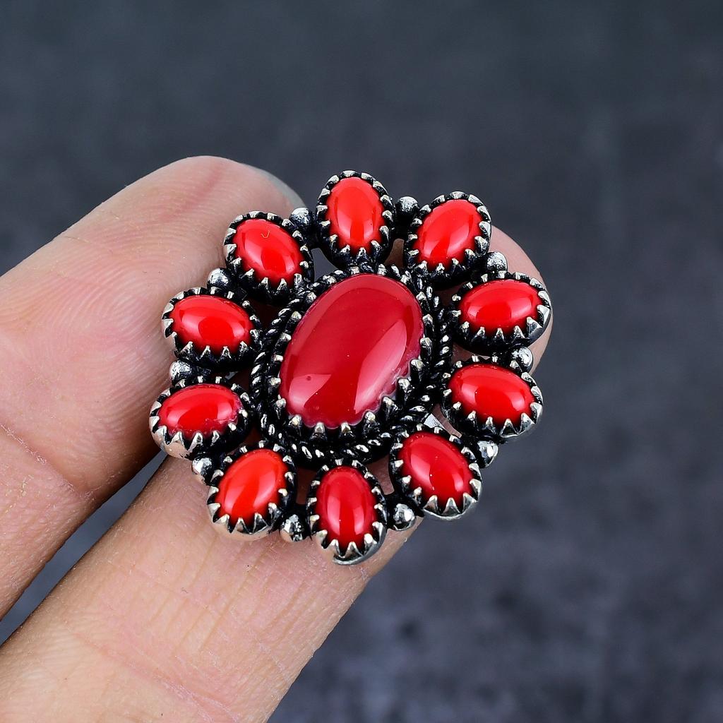 Red Coral Gemstone 925 Sterling Silver Jewelry Ring Size 8.5