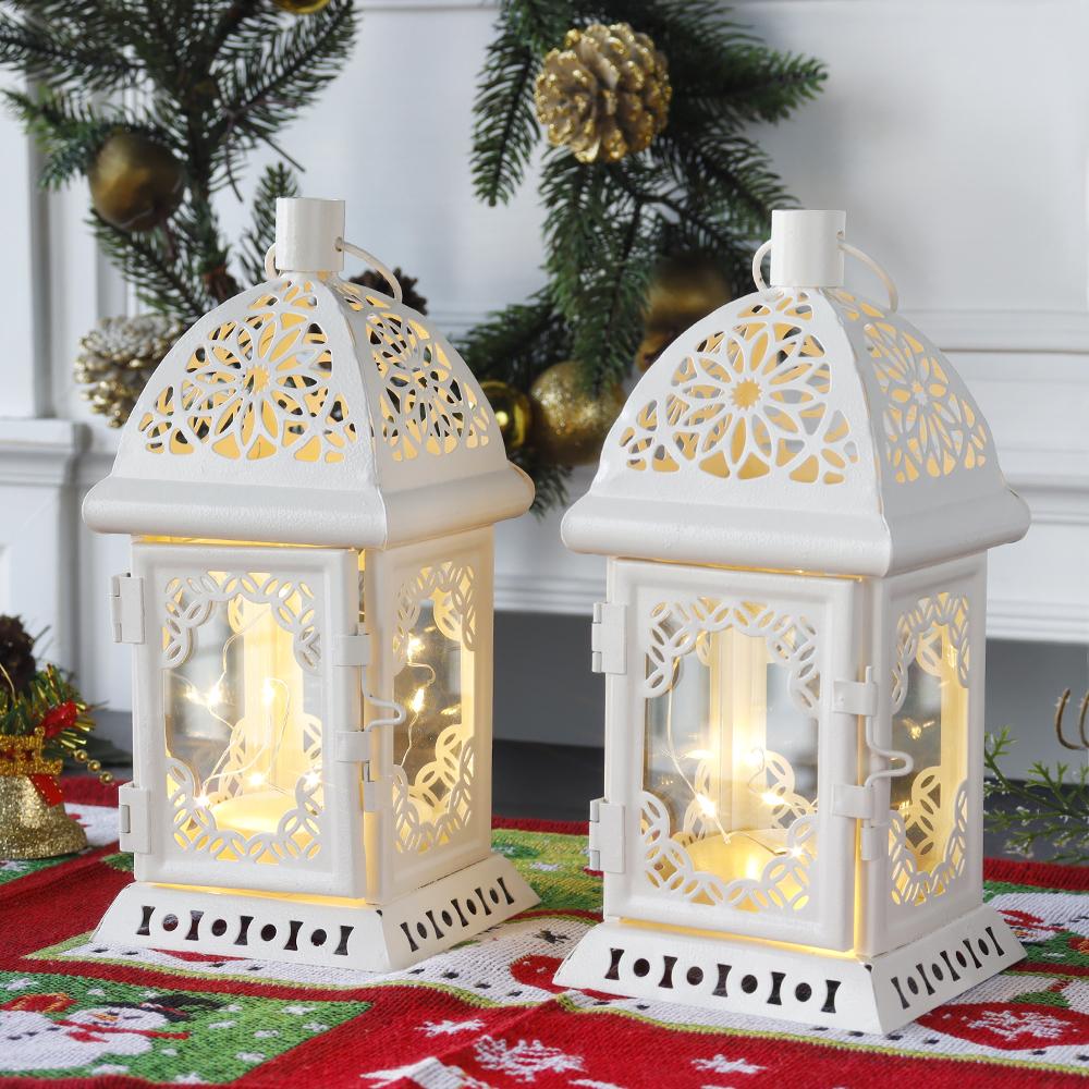 2Pcs Vintage Candle Holder Lantern Retro Metal Candle Lantern White Hanging Lantern with LED Fairy Light for Tabletop Home Decor