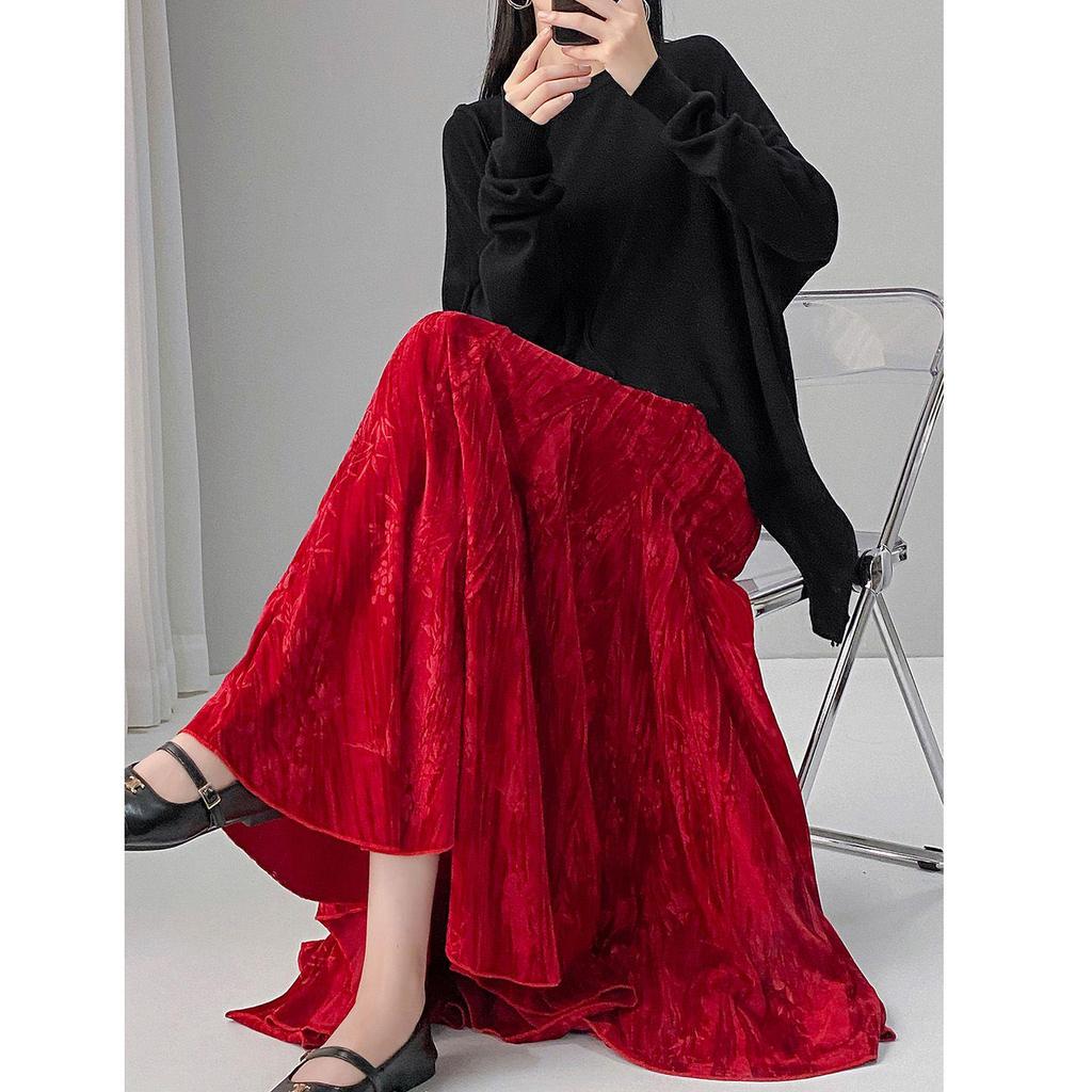 Autumn Winter Chinese Style Mermaid Half and Full-Length Skirt with Solid Color Print