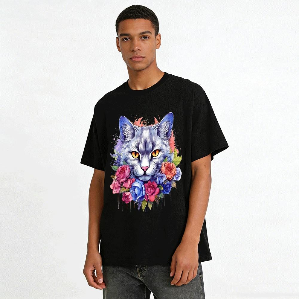 Vintage Watercolor Floral Cat Print Casual Top Pure Cotton T-shirt