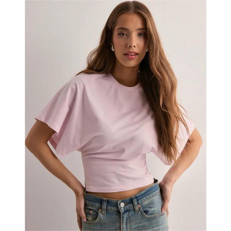 Women's Solid Color Crew Neck Batwing Short Sleeve Cropped T Shirt Casual Loose Fit Basic Blouse Top