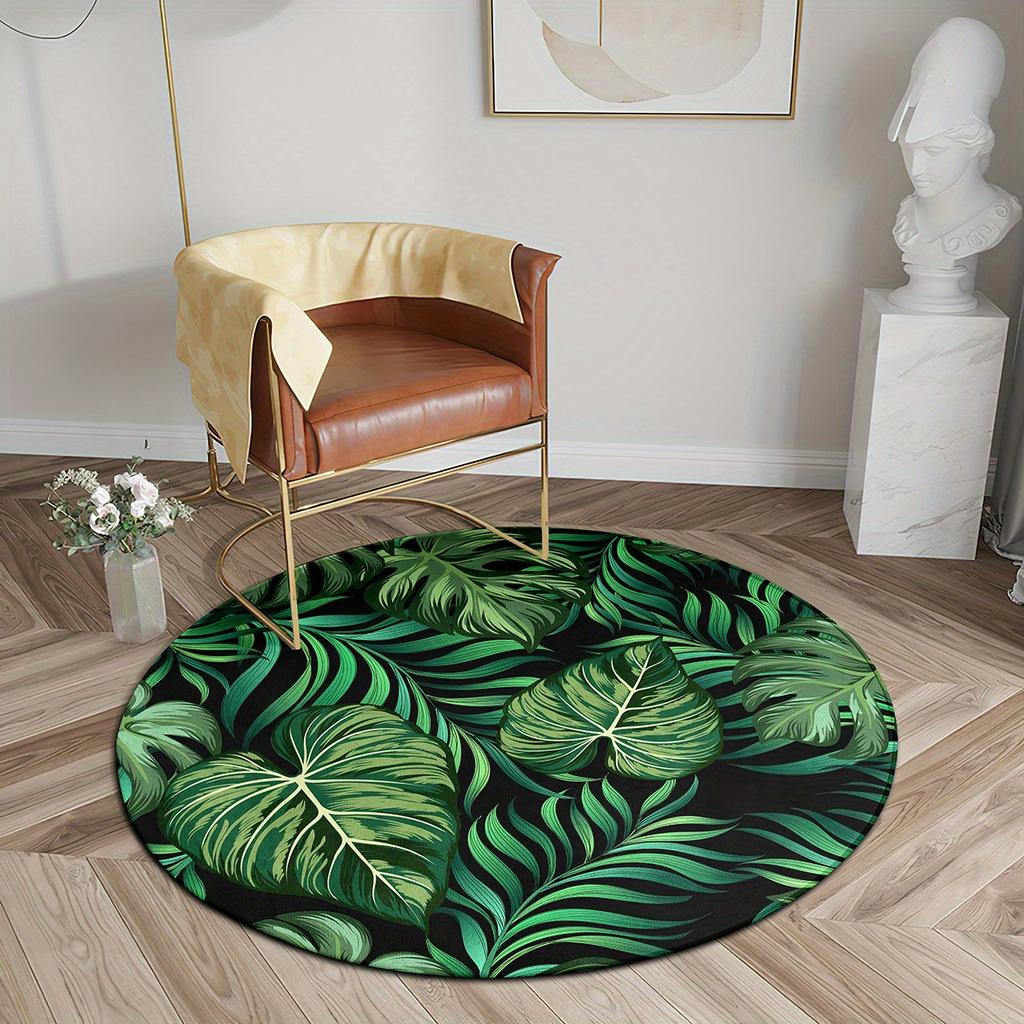1pc Tropical Green Leaf Round Rug Flannel Soft Modern Living Room Chair Area Decor Non Slip Washable Jungle Botanical Floor Mat
