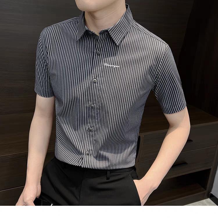 

Мужская модная полосатая вышитая повседневная рубашка с коротким рукавом 2025 3XL (70-77.5 kg) серый