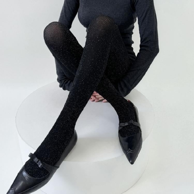 Women Vintage Shimmering Ribbed Striped Opaque Pantyhose 90s Winter Fall Basic Bottoming Tights Stockings Leggings